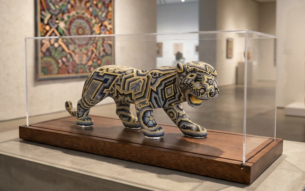 Jaguar caminando de arte Huichol