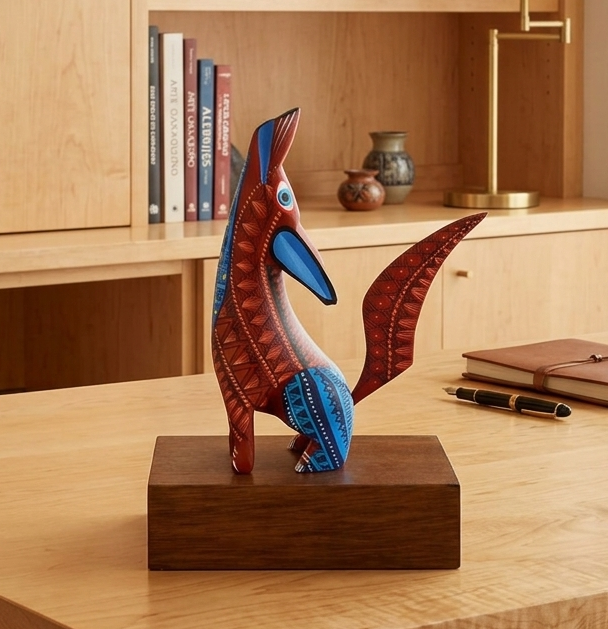 Alebrije de Lobo con base de madera natural